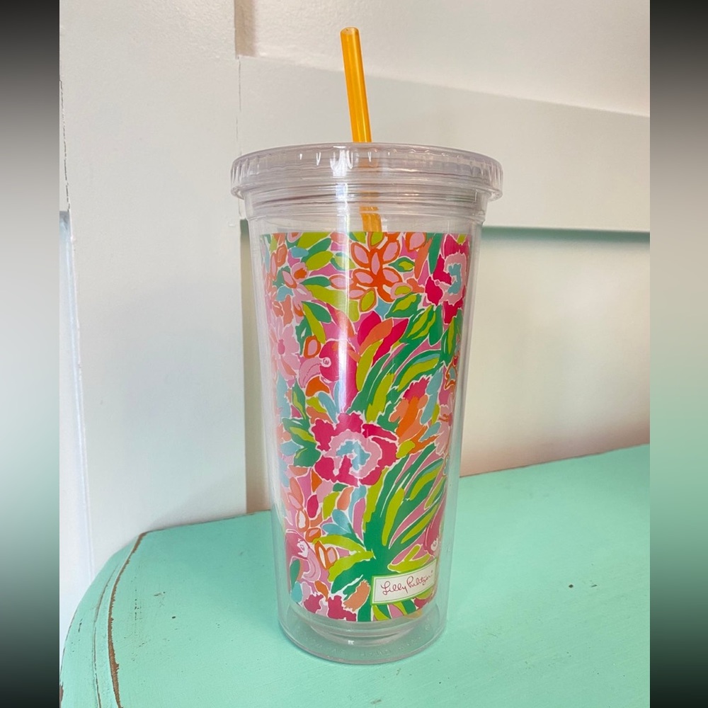 LILLY PULITZER Plastic‎ Acrylic Tumbler Cup Lid Straw Reusable Beach 20oz